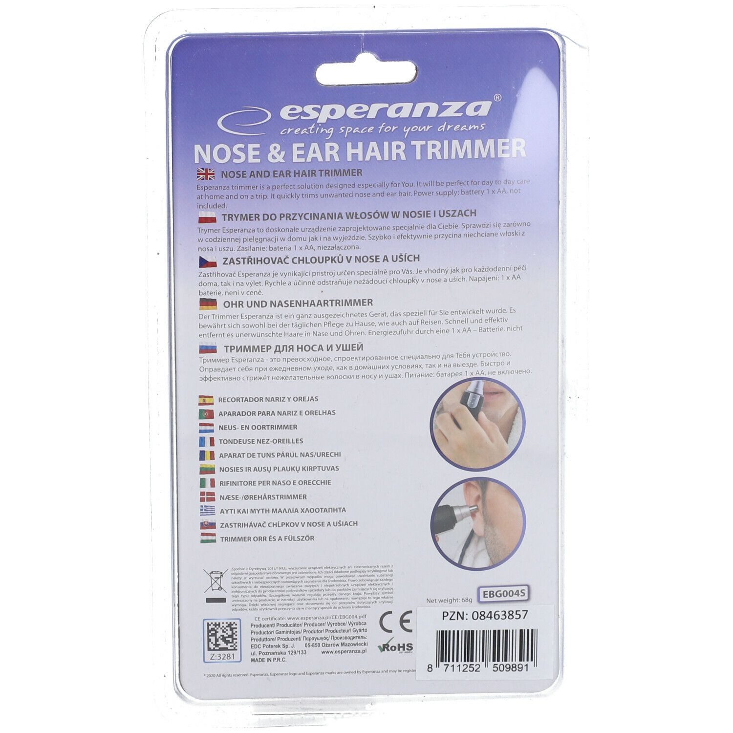 Rückseite der Verpackung des Nasen- und Ohrhaartrimmers. Produktname, Illustrationen, Logos und technische Informationen.