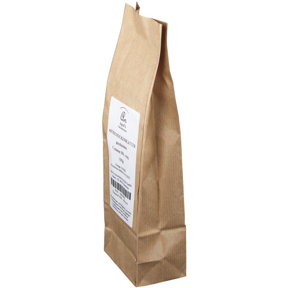 Braune Papiertüte mit weißem Etikett. Aufschrift: Artischockenblätter geschnitten, Cynarae Fol. conc. 100g. Seitenansicht.