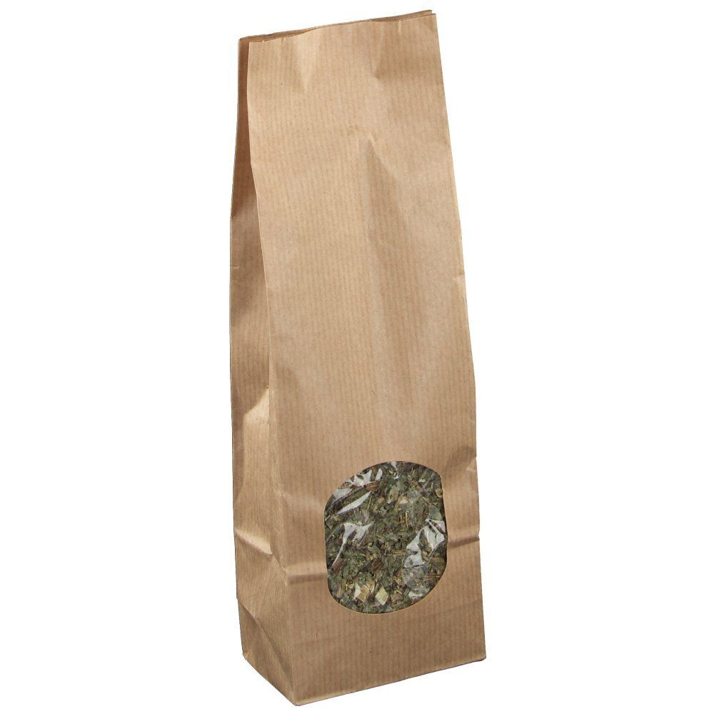 Braune Papiertüte mit Sichtfenster. Durch das Fenster sind getrocknete Artischockenblätter zu sehen.