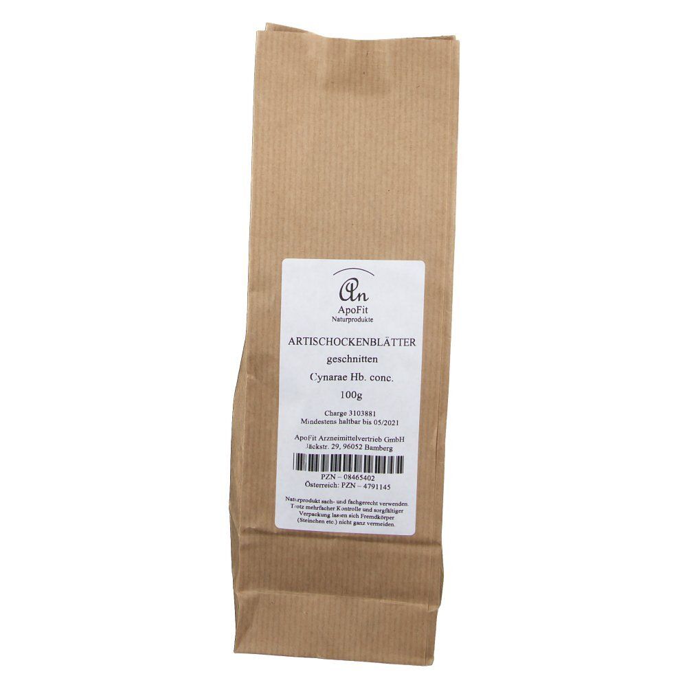Braune Papiertüte mit weißem Etikett. Aufschrift: Artischockenblätter geschnitten, Cynarae Fol. conc. 100g. Draufsicht.
