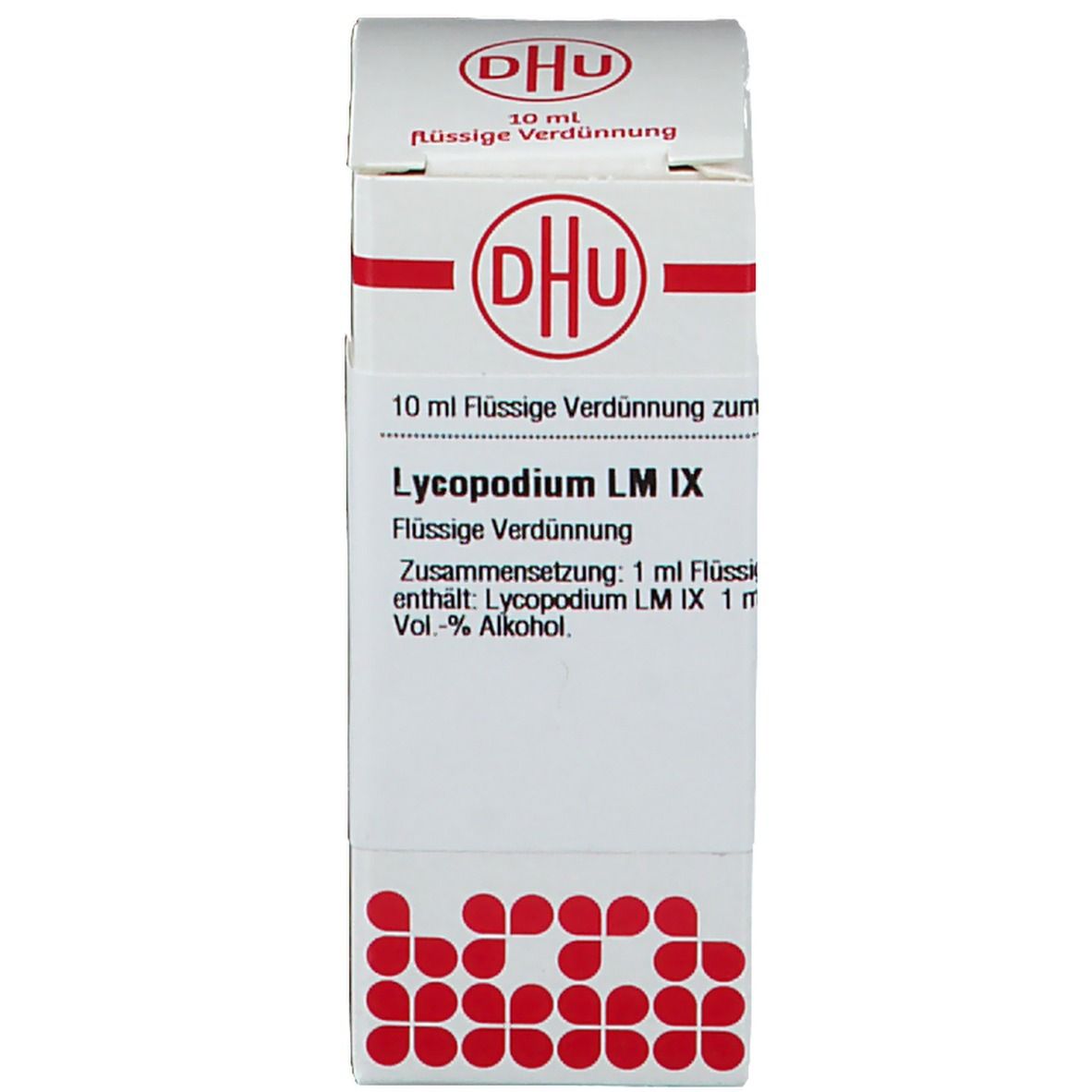 Karton mit Produktinformationen: Lycopodium LM IX, 10 ml Flüssige Verdünnung. DHU Logo.
