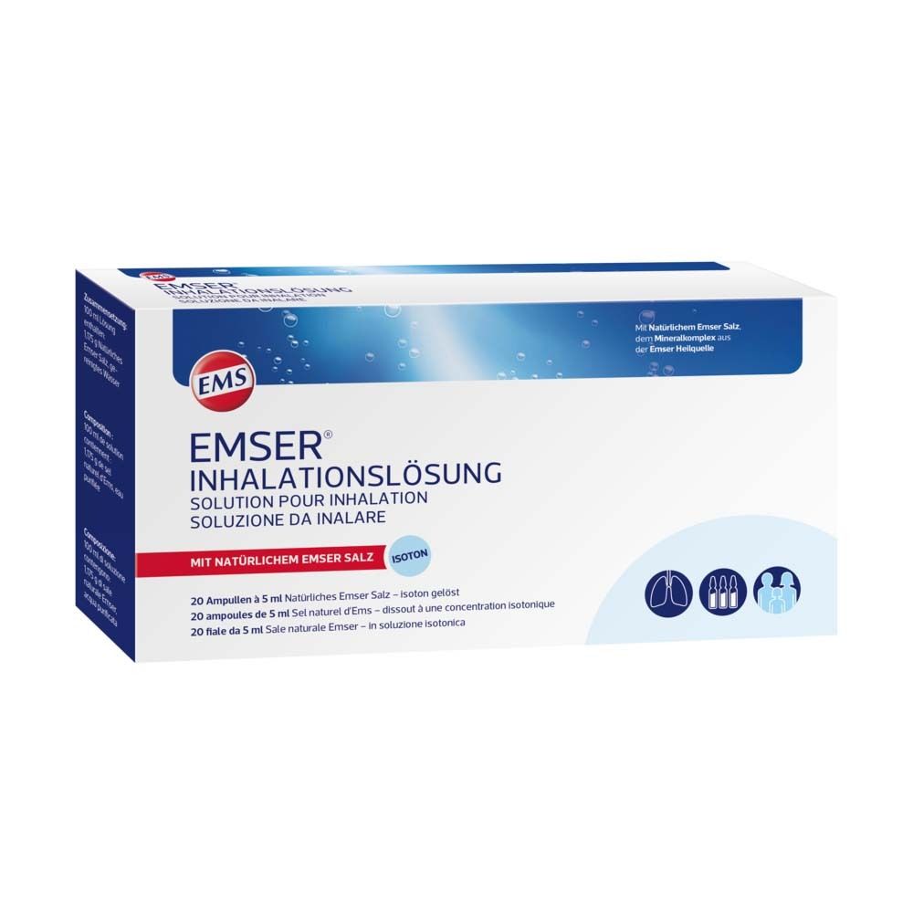 Karton mit Produktaufdruck. Schriftzug: Emser Inhalationslösung. Enthält 20 Ampullen à 5 ml. Logo: EMS.