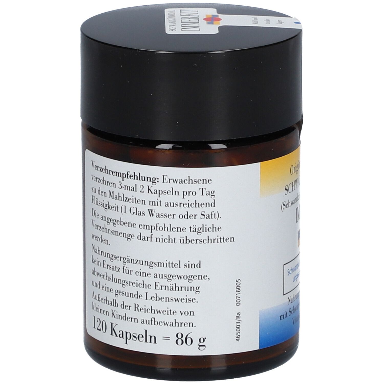 Boîte marron avec couvercle noir. Dos avec informations sur le produit. 120 gélules = 86 g. Recommandations d'utilisation.