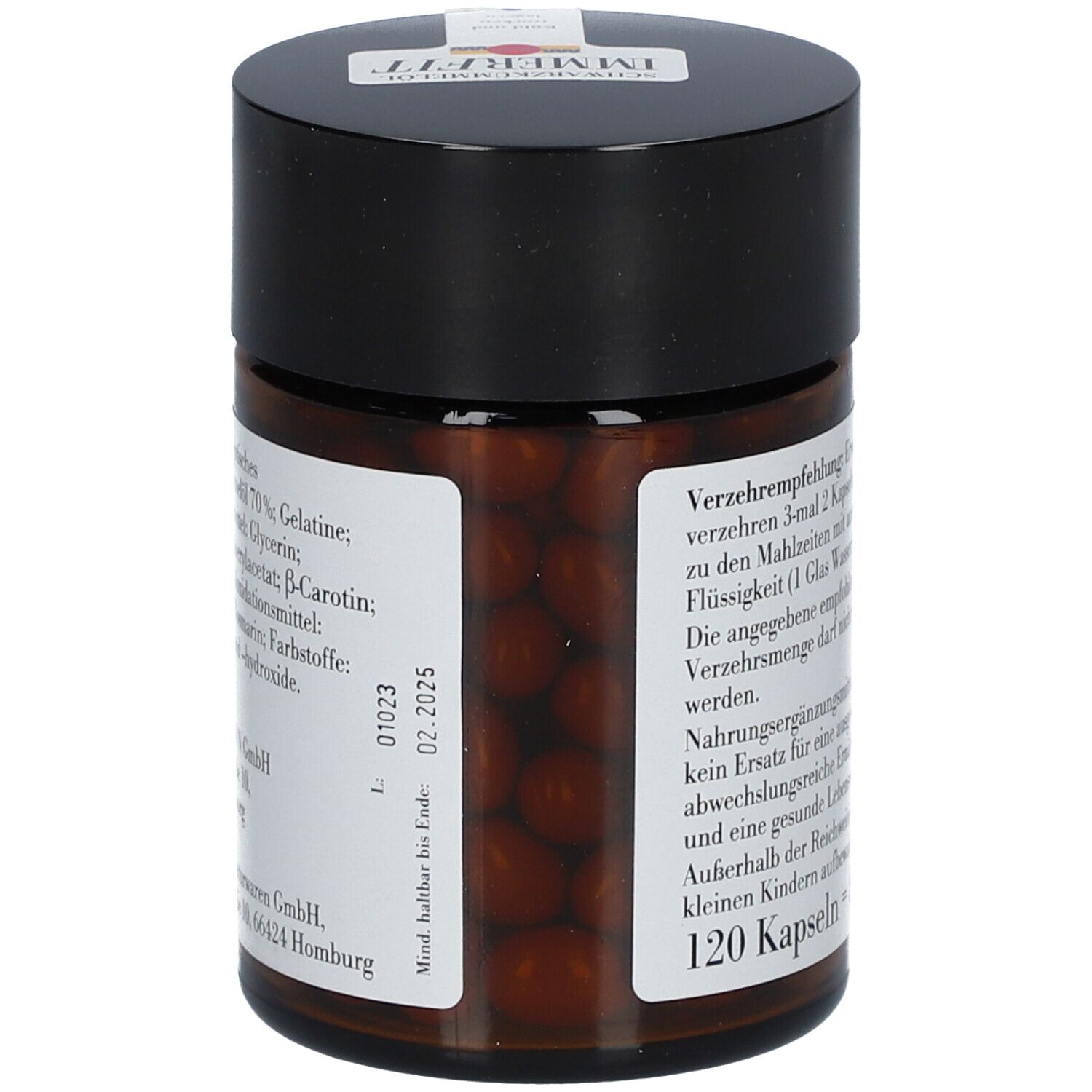 Boîte marron avec couvercle noir. Boîte remplie de gélules marron. 120 gélules. A consommer de préférence avant 02.2025.