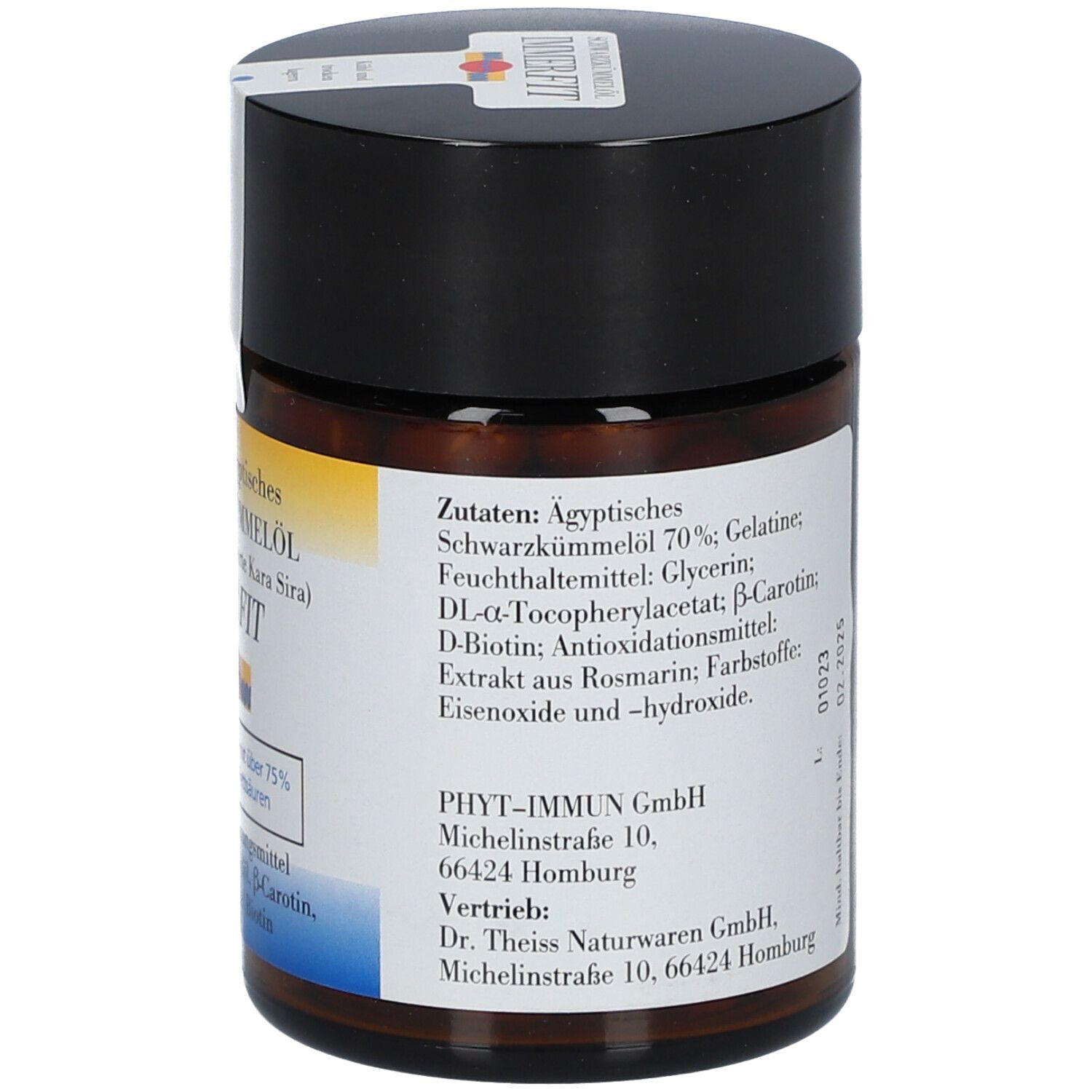 Boîte marron avec couvercle noir. Étiquette avec liste des ingrédients et informations sur le fabricant. Sceau sur le couvercle.