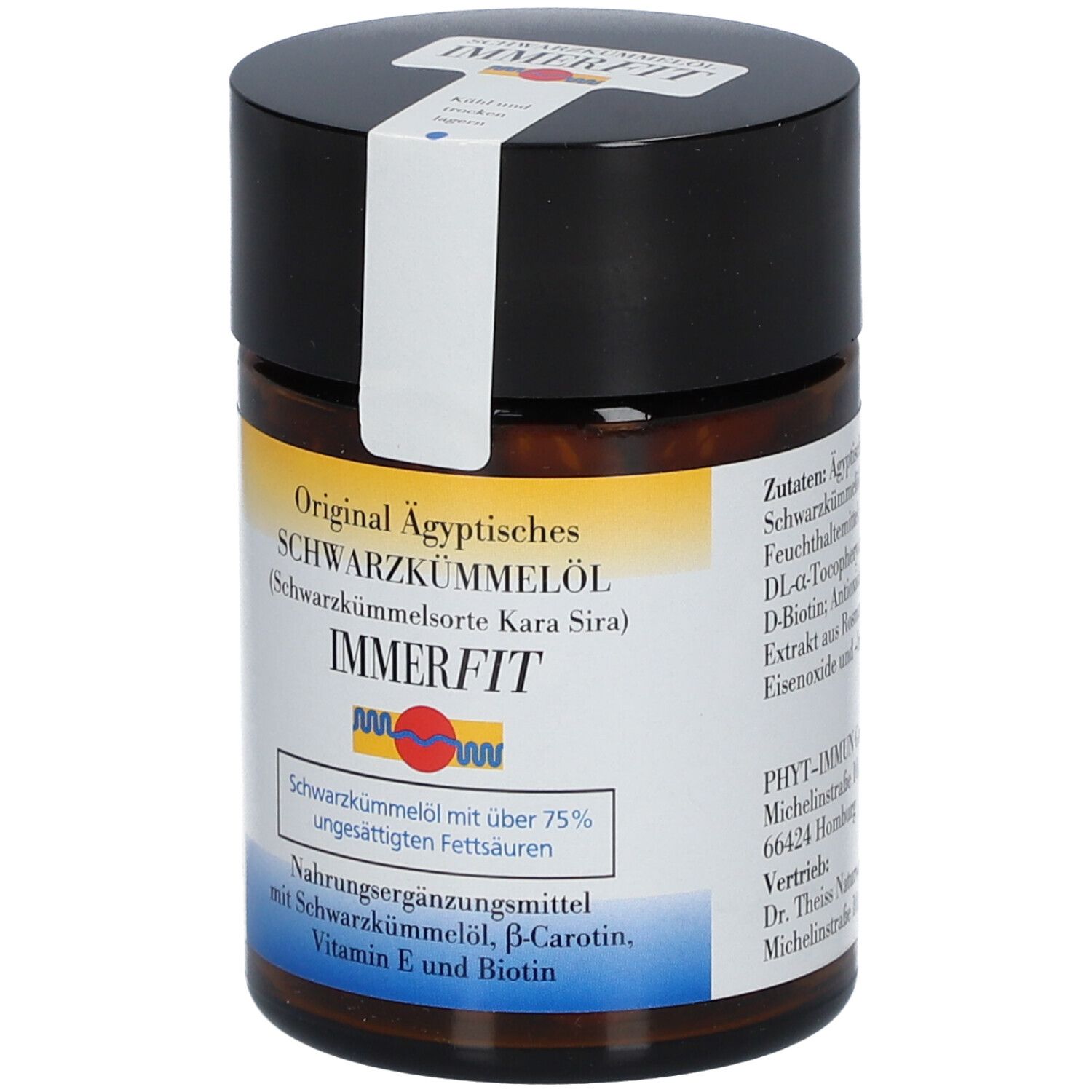 Boîte marron avec couvercle noir. Étiquette avec informations sur le produit: Schwarzkümmelöl Immerfit. Sceau sur le couvercle.