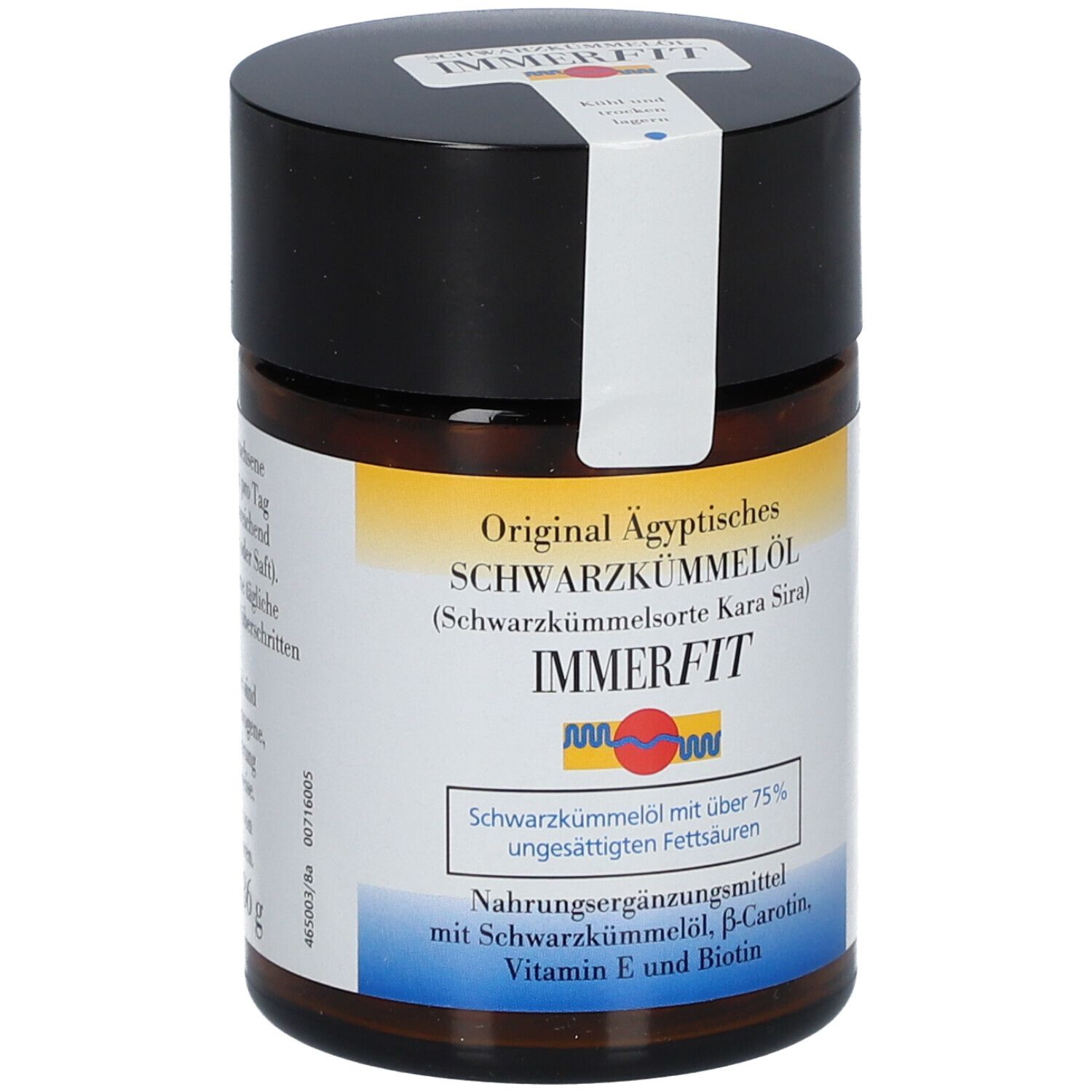 Boîte marron avec couvercle noir. Étiquette avec informations sur le produit: Schwarzkümmelöl Immerfit. Sceau sur le couvercle.