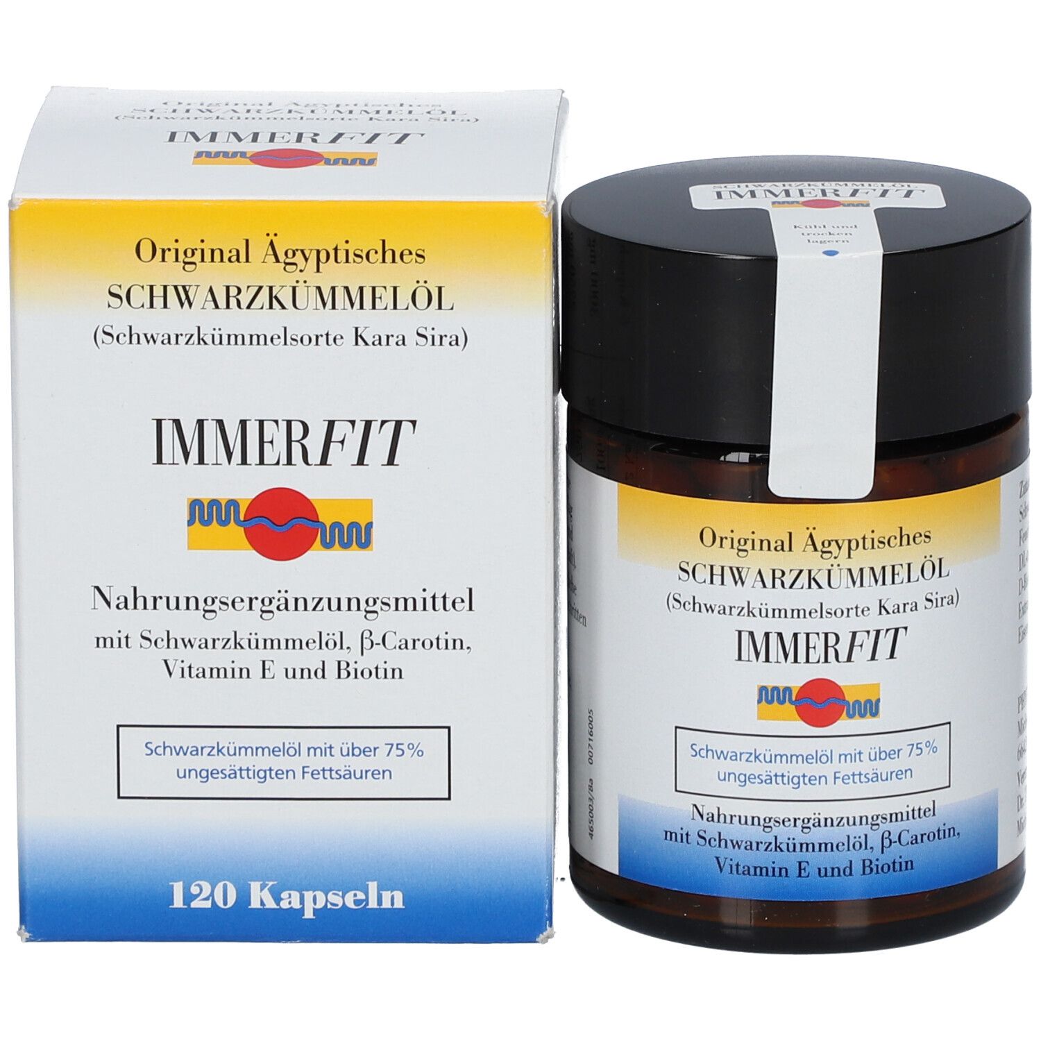 Emballage du produit: boîte et étui. Boîte avec couvercle noir, étui blanc. Les deux avec informations sur le produit.