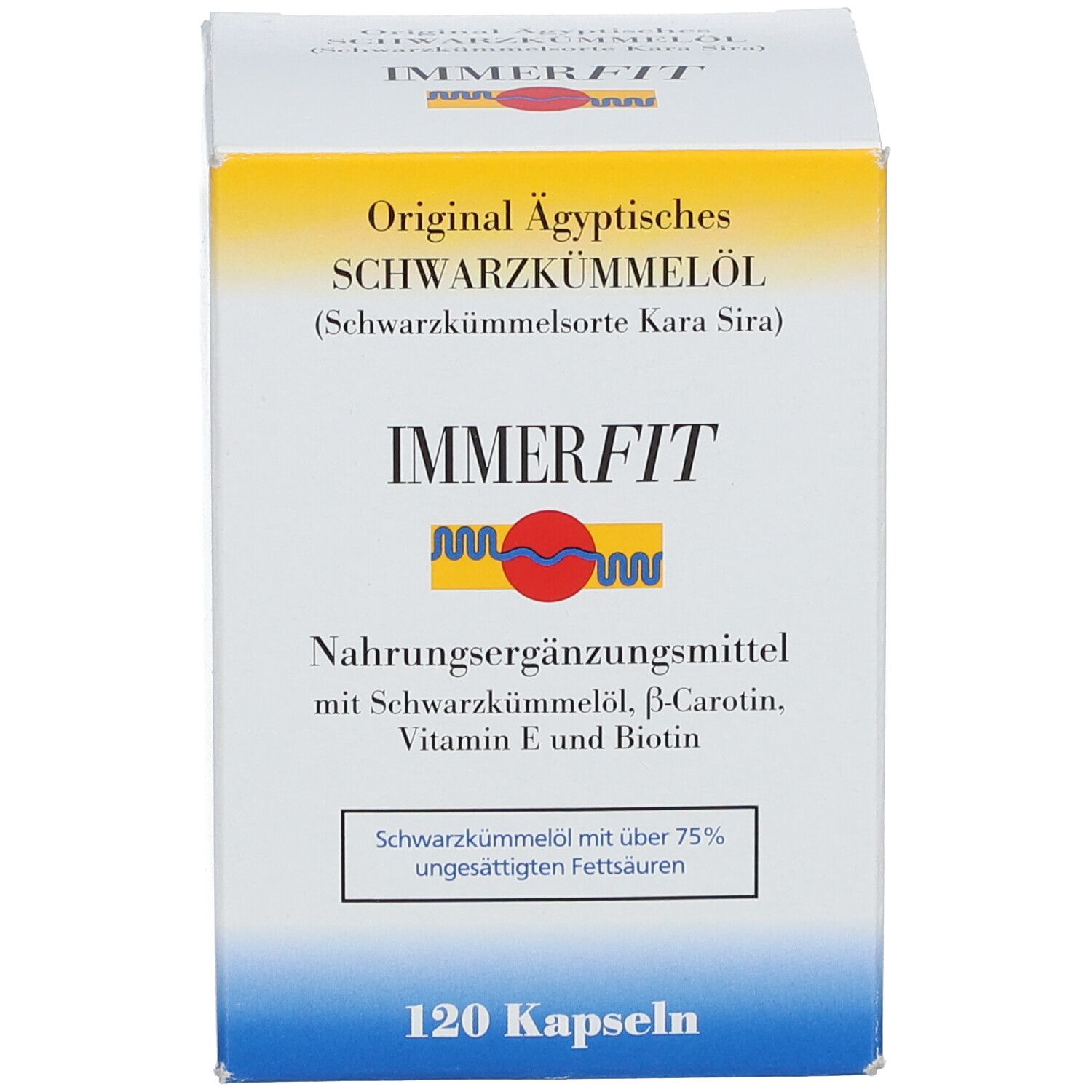 Boîte blanche avec informations sur le produit: Schwarzkümmelöl Immerfit. 120 gélules. Design jaune-rouge.