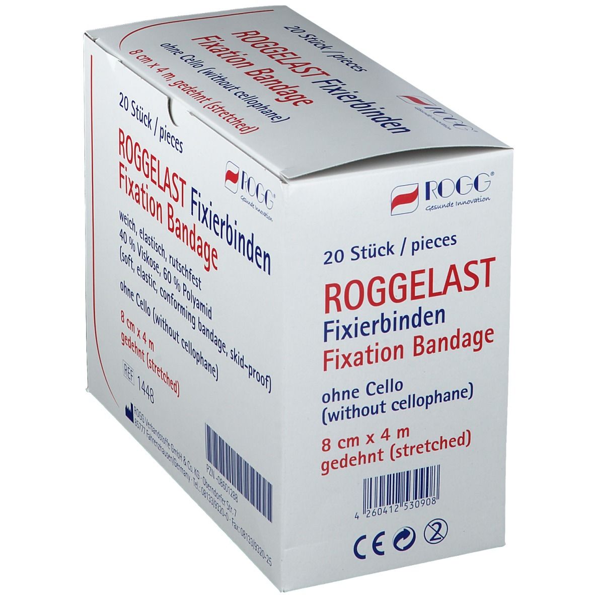 ROGGELAST Fixierbinden-Verpackung. 20 Stück. 8 cm x 4 m. Aufschrift: weich, elastisch, rutschfest. Weißer Karton, schräg gestellt.