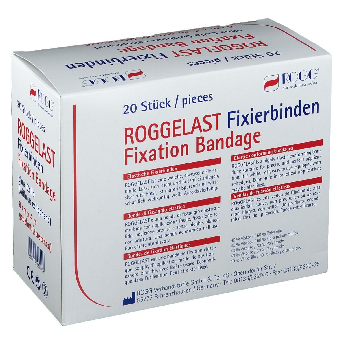 ROGGELAST Fixierbinden-Verpackung. 20 Stück. 8 cm x 4 m. Aufschrift: weich, elastisch, rutschfest. Produktinformationen auf weißem Karton.