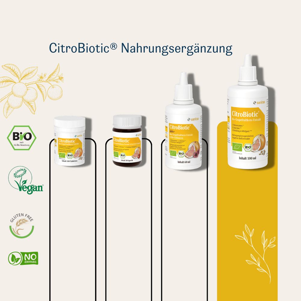 Produits Citrobiotic: gélules et flacons compte-gouttes en différentes tailles, bio, vegan, sans gluten.