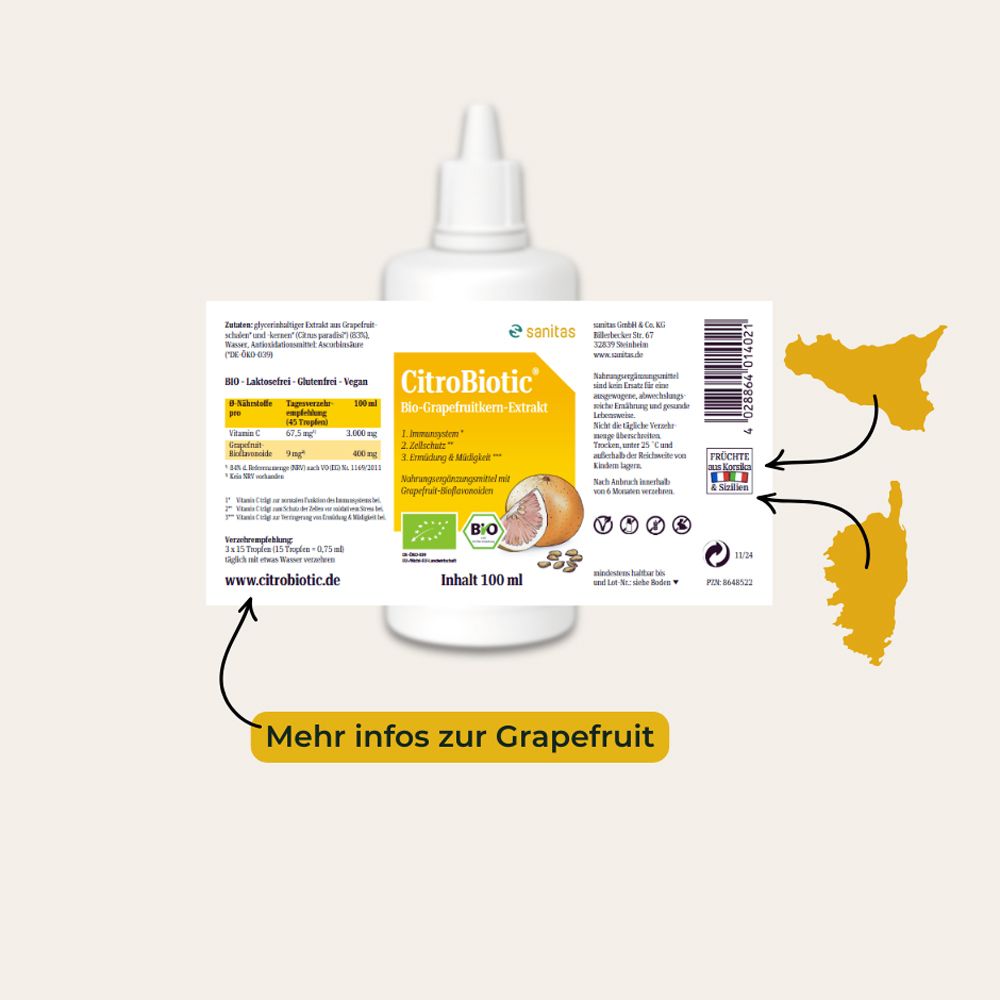 Étiquette du flacon Citrobiotic avec informations nutritionnelles et d'origine.