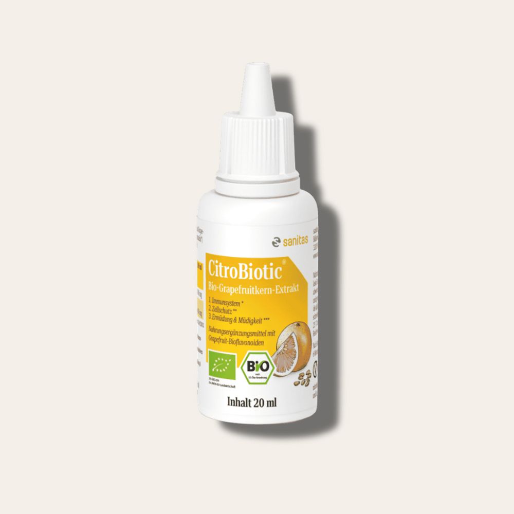 Flacon compte-gouttes Citrobiotic avec extrait bio de pépins de pamplemousse, 20 ml, vue de face.