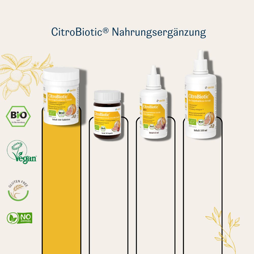 Citrobiotic Produktlinie: Vier Behälter in verschiedenen Größen, Bio-, Vegan-, Glutenfrei-Siegel.