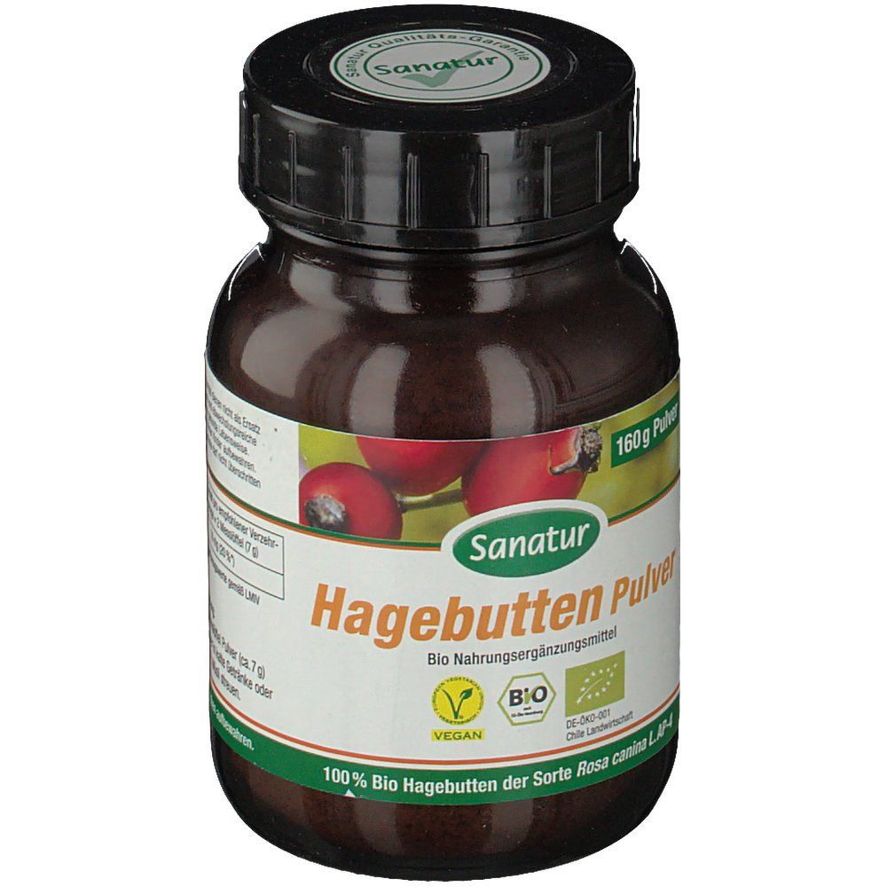 Braune Glasdose mit schwarzem Deckel. Aufschrift: Hagebutten Pulver. Sanatur-Logo. Bio-Siegel. Vegan-Siegel. 160g Pulver.