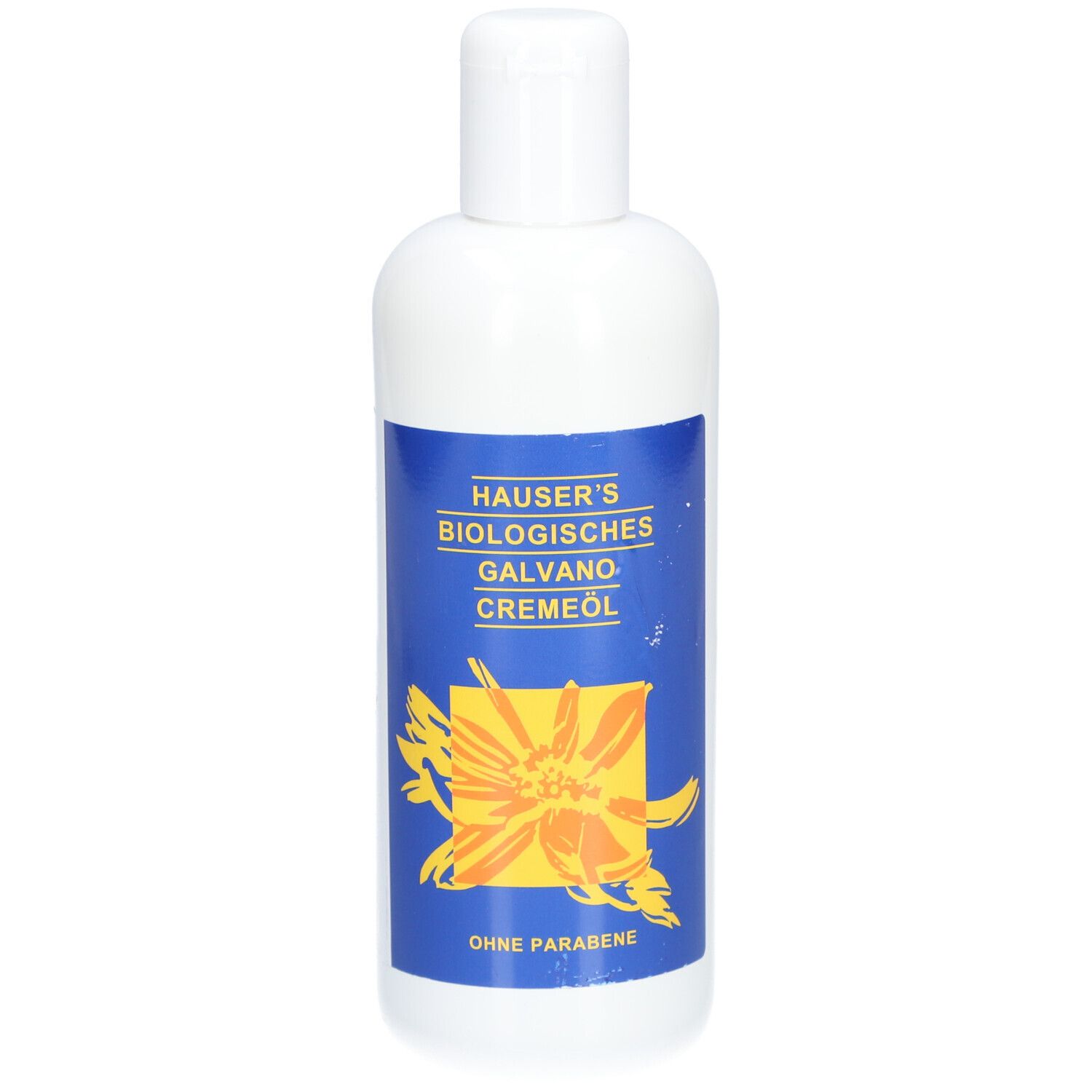 Weiße Flasche mit blauem Etikett. Aufschrift: HAUSER'S BIOLOGISCHES GALVANO CREMEÖL. Gelbes Blumen-Logo. Ohne Parabene.