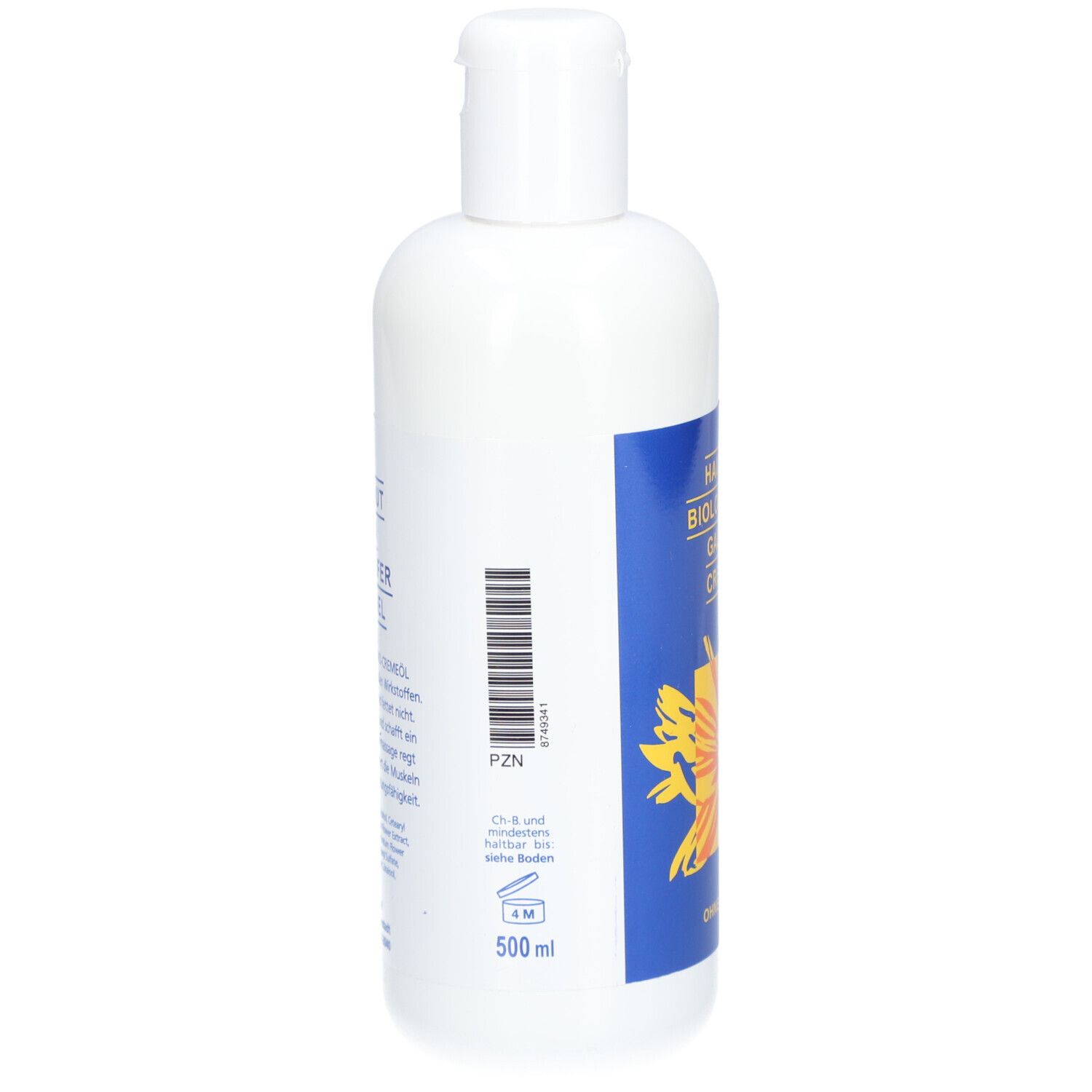 Weiße Flasche mit blauem Etikett und Barcode. Aufschrift: HAUSER'S BIOLOGISCHES GALVANO CREMEÖL. 500 ml. Mit gelbem Blumen-Logo.