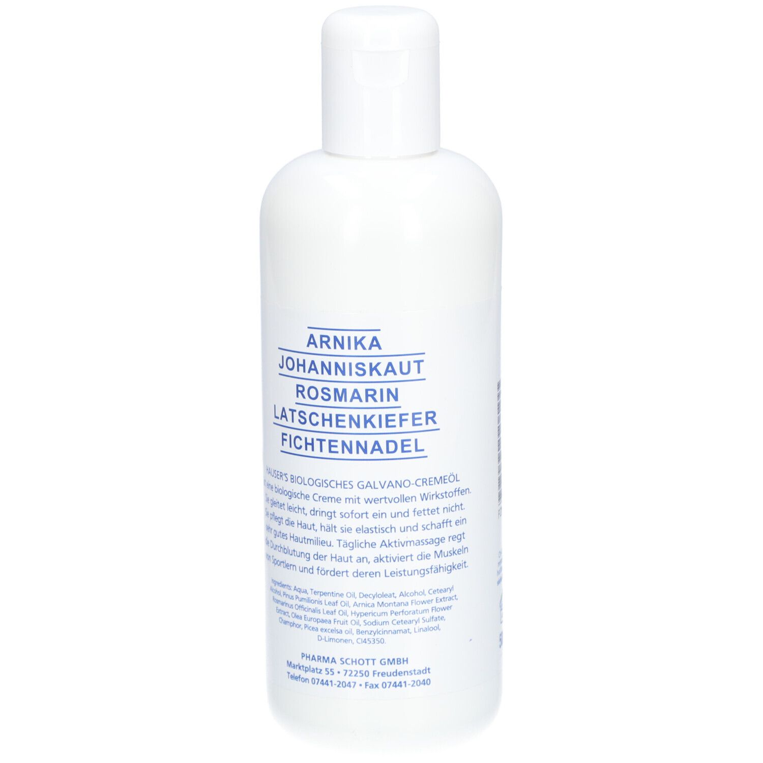 Weiße Flasche mit Text. Aufschrift: ARNIKA, JOHANNISKRAUT, ROSMARIN, LATSCHENKIEFER, FICHTENNADEL. Text über Cremeöl. Pharma Schott GmbH.