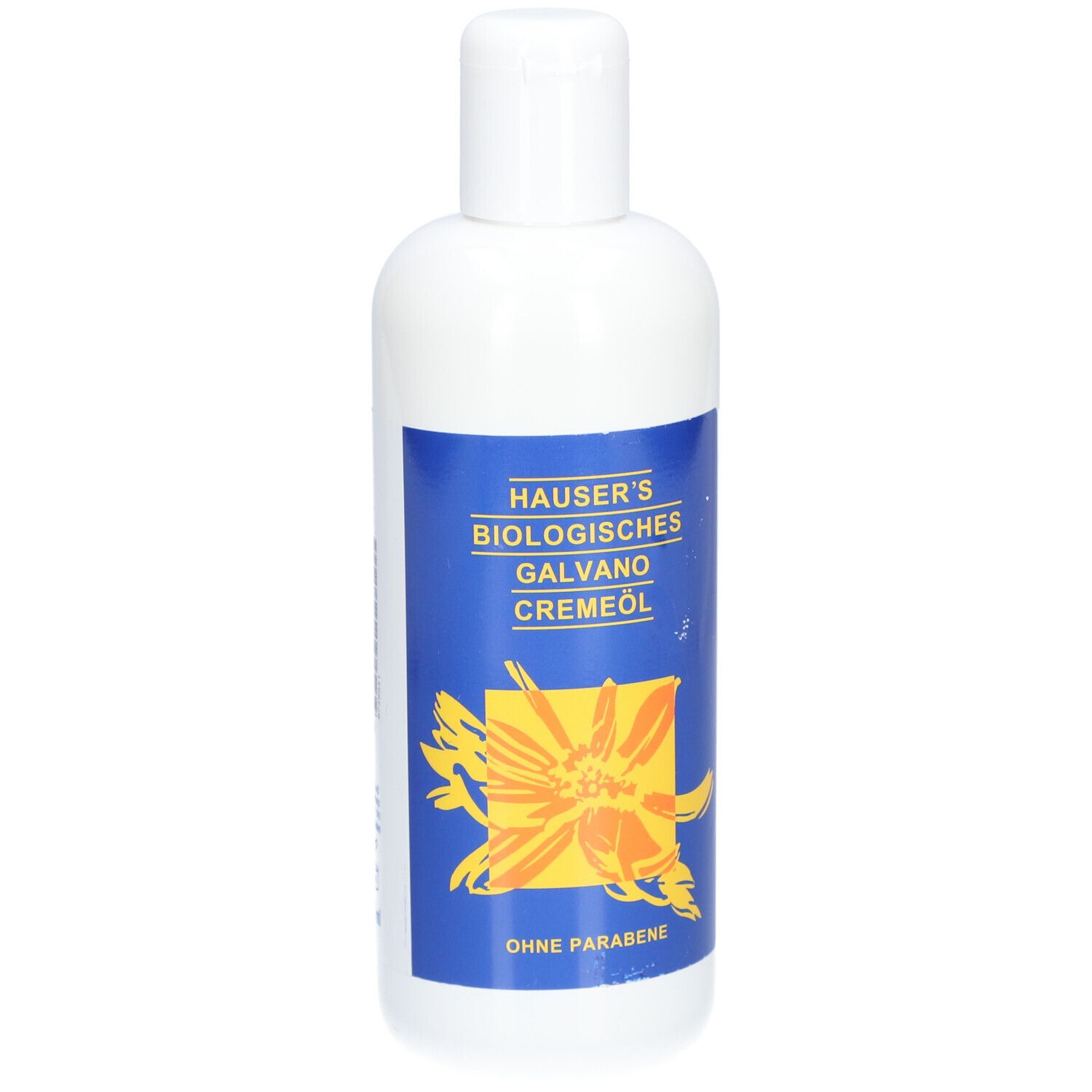 Weiße Flasche mit blauem Etikett. Aufschrift: HAUSER'S BIOLOGISCHES GALVANO CREMEÖL. Gelbes Blumen-Logo. Ohne Parabene.