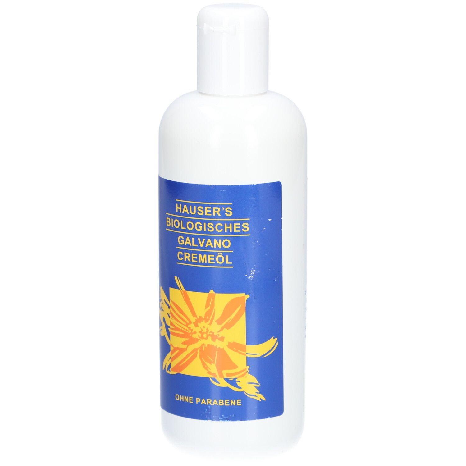 Weiße Flasche mit blauem Etikett. Aufschrift: HAUSER'S BIOLOGISCHES GALVANO CREMEÖL. Gelbes Blumen-Logo. Ohne Parabene.