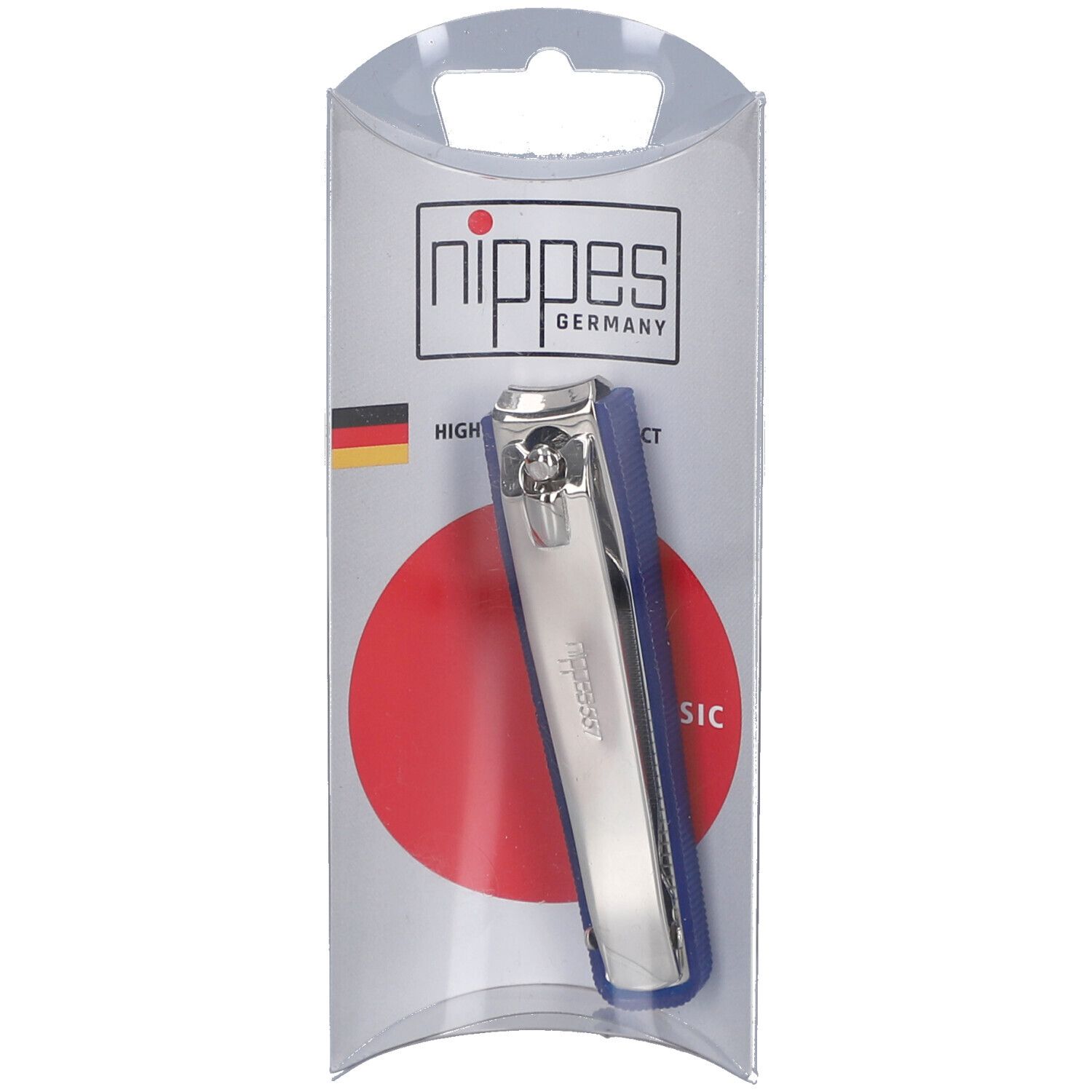 Nagelknipser in Blisterverpackung. Metall, blaues Element. Marke: nippes Germany. Roter Kreis, deutsches Fähnchen.