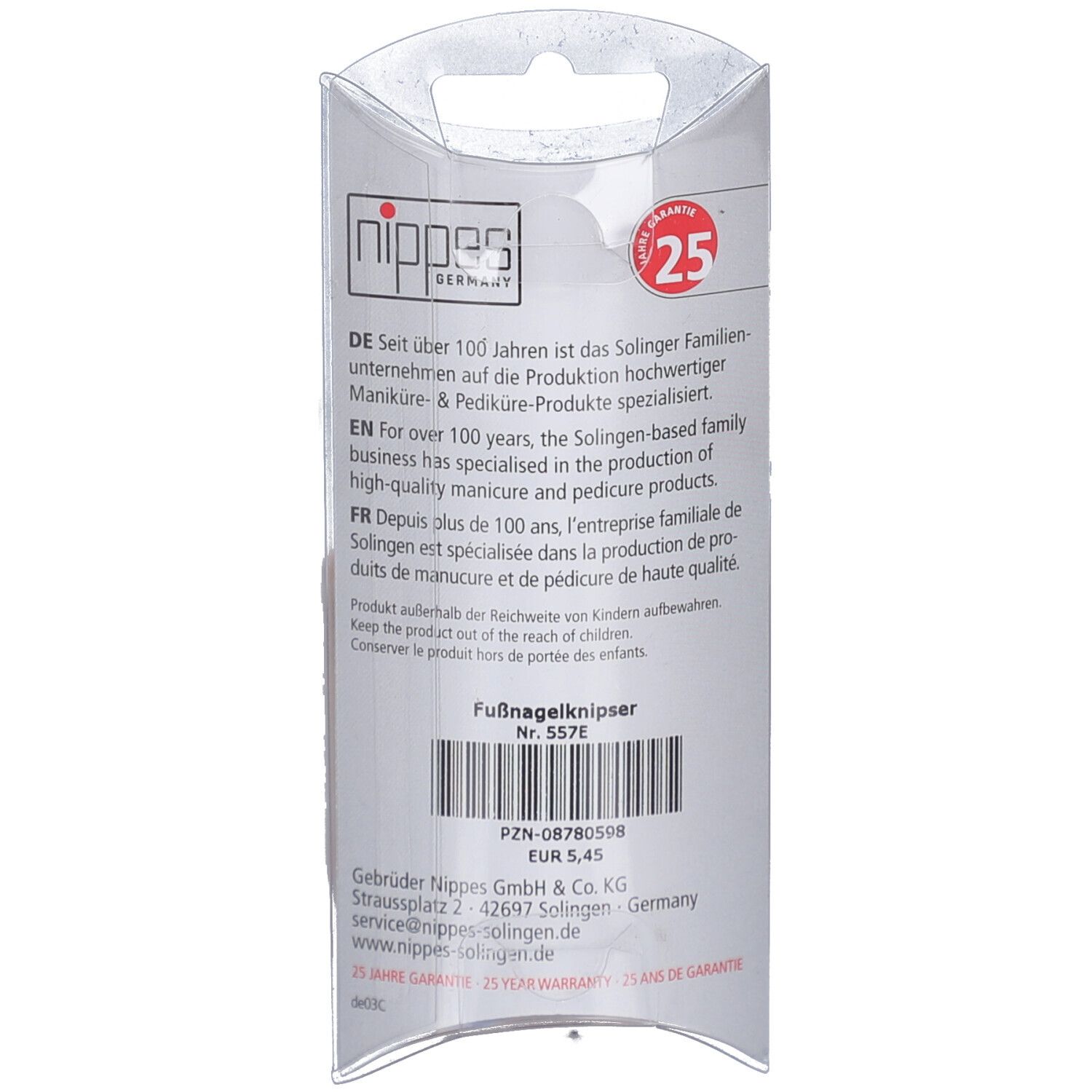 Rückseite der Verpackung. Text in Deutsch, Englisch und Französisch. Produktname: Fußnagelknipser. 25 Jahre Garantie.