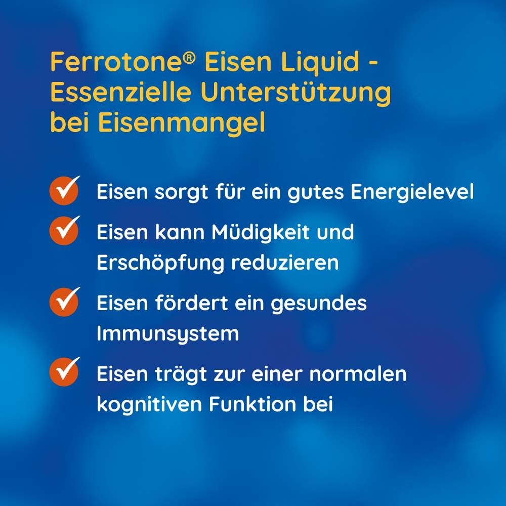 Fond bleu avec texte : ferrotone® Eisen Liquid. Quatre avantages du fer. Cases cochées rouges.