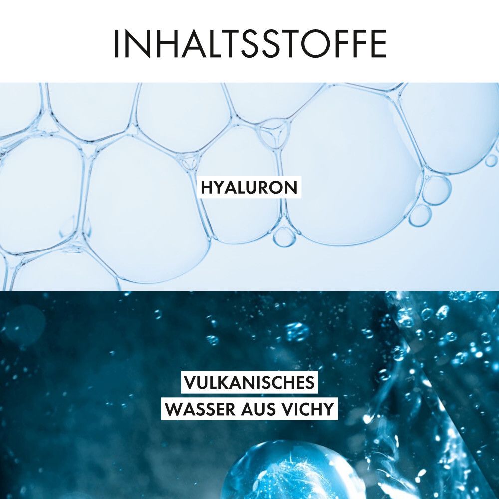 Nahaufnahme von Inhaltsstoffen. Text: Hyaluron, Vulkanisches Wasser aus Vichy.