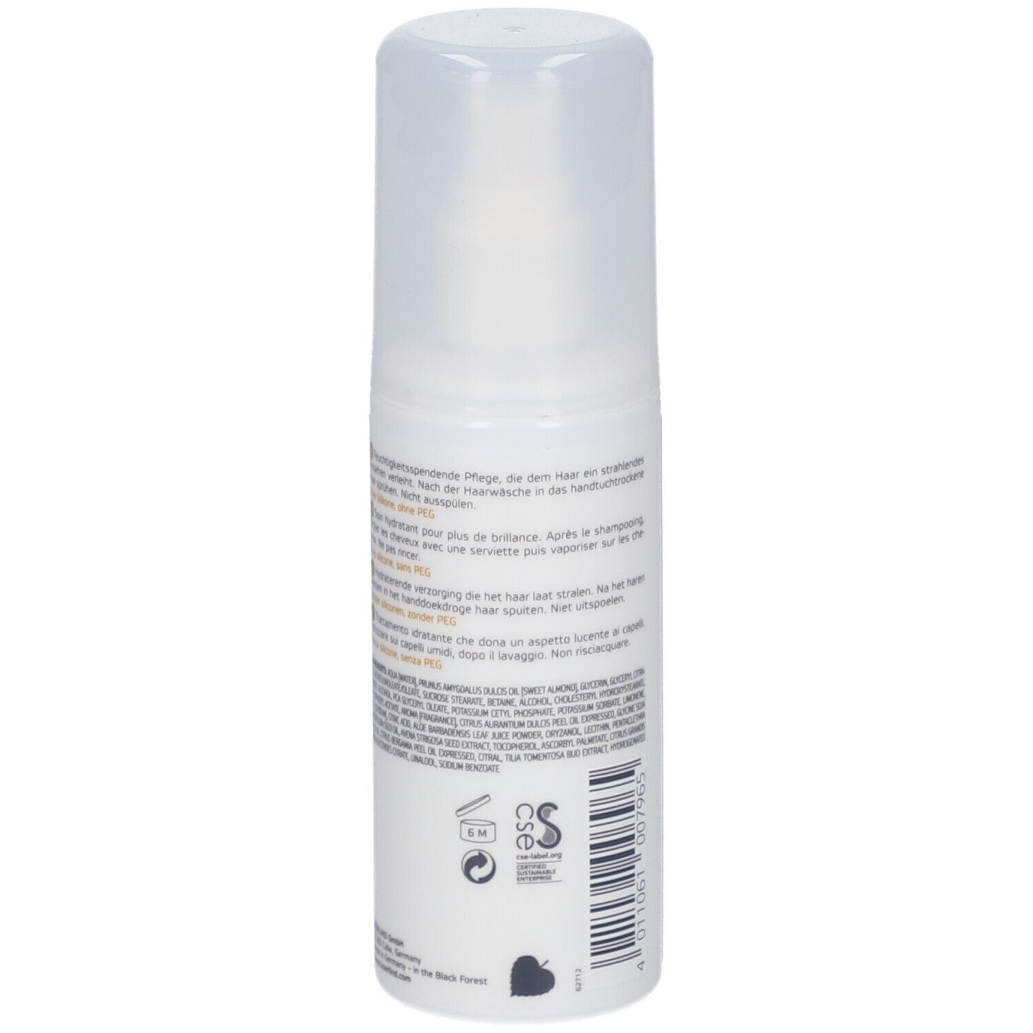 Weißes Spray mit Sprühkopf. Aufschrift: ANNEMARIE BÖRLIND, hair leave-in. Mehrsprachige Produktinformationen.