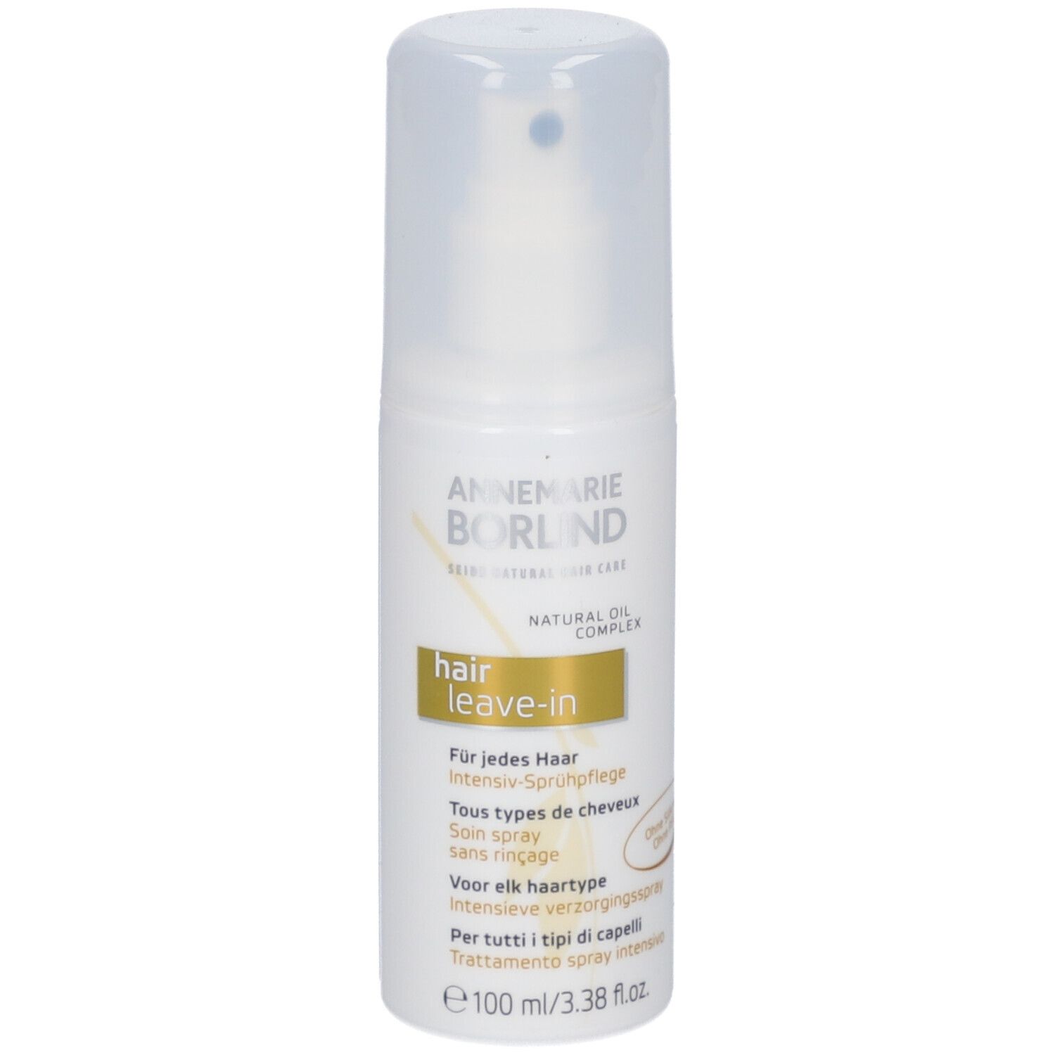 Weißes Spray mit Sprühkopf. Aufschrift: ANNEMARIE BÖRLIND, hair leave-in. Mehrsprachige Produktinformationen.