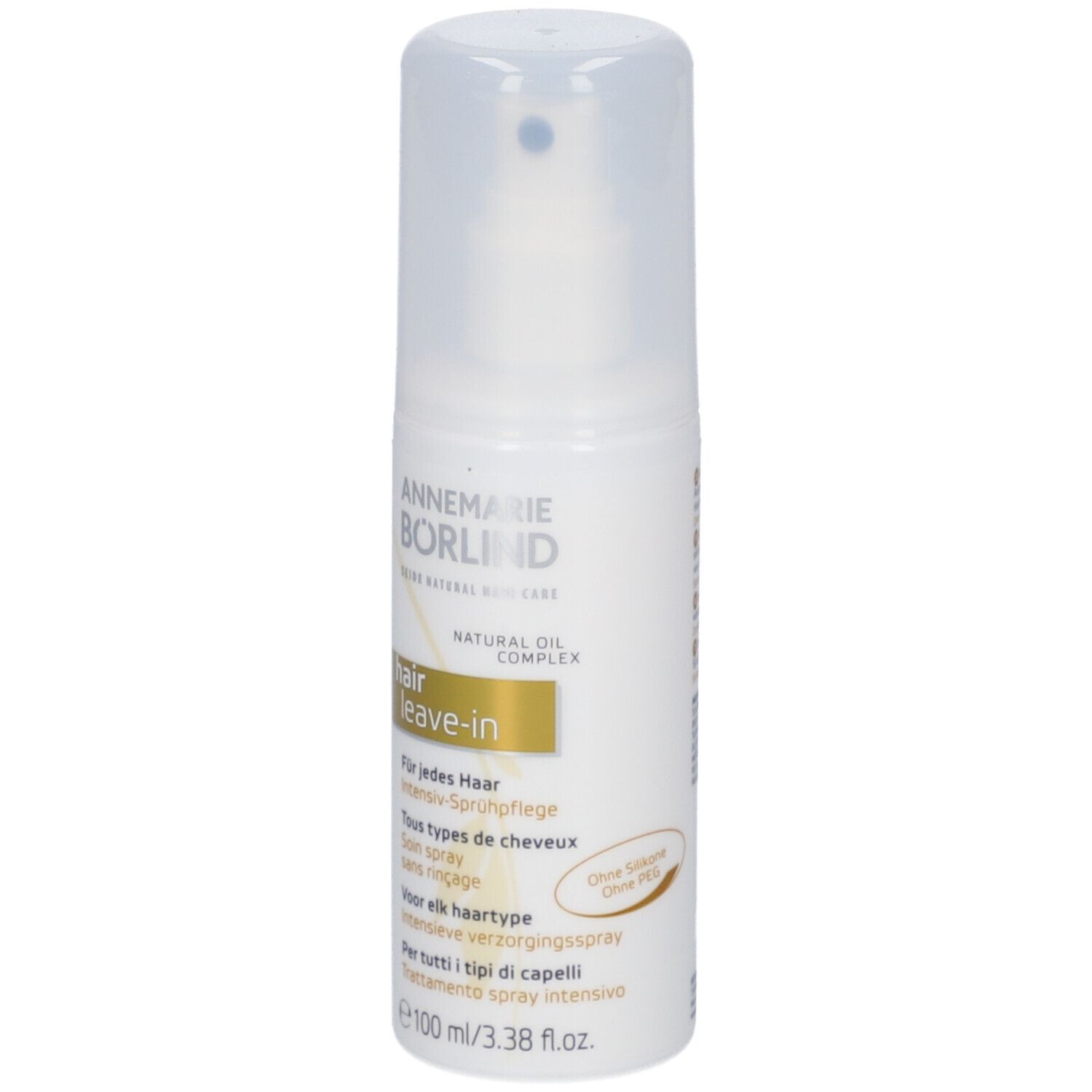 Weißes Spray mit Sprühkopf. Aufschrift: ANNEMARIE BÖRLIND, hair leave-in. Mehrsprachige Produktinformationen.