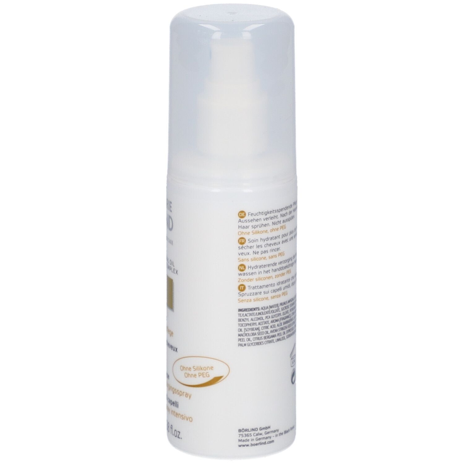 Weißes Spray mit Sprühkopf. Aufschrift: ANNEMARIE BÖRLIND, hair leave-in. Mehrsprachige Produktinformationen.