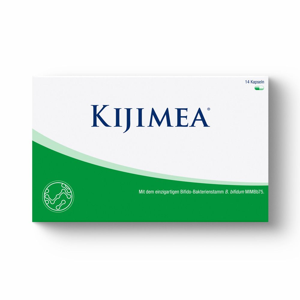 Weiße Schachtel mit grünem Streifen. Aufschrift Kijimea in blauer Schrift. Enthält 14 Kapseln.