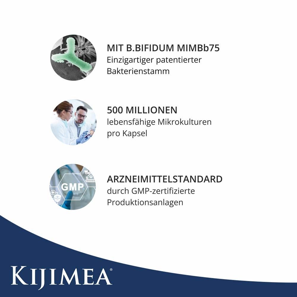 Graphique avec informations sur Kijimea®. Contient des informations sur B.bifidum MIMBb75, 500 millions de microcultures et la certification GMP.