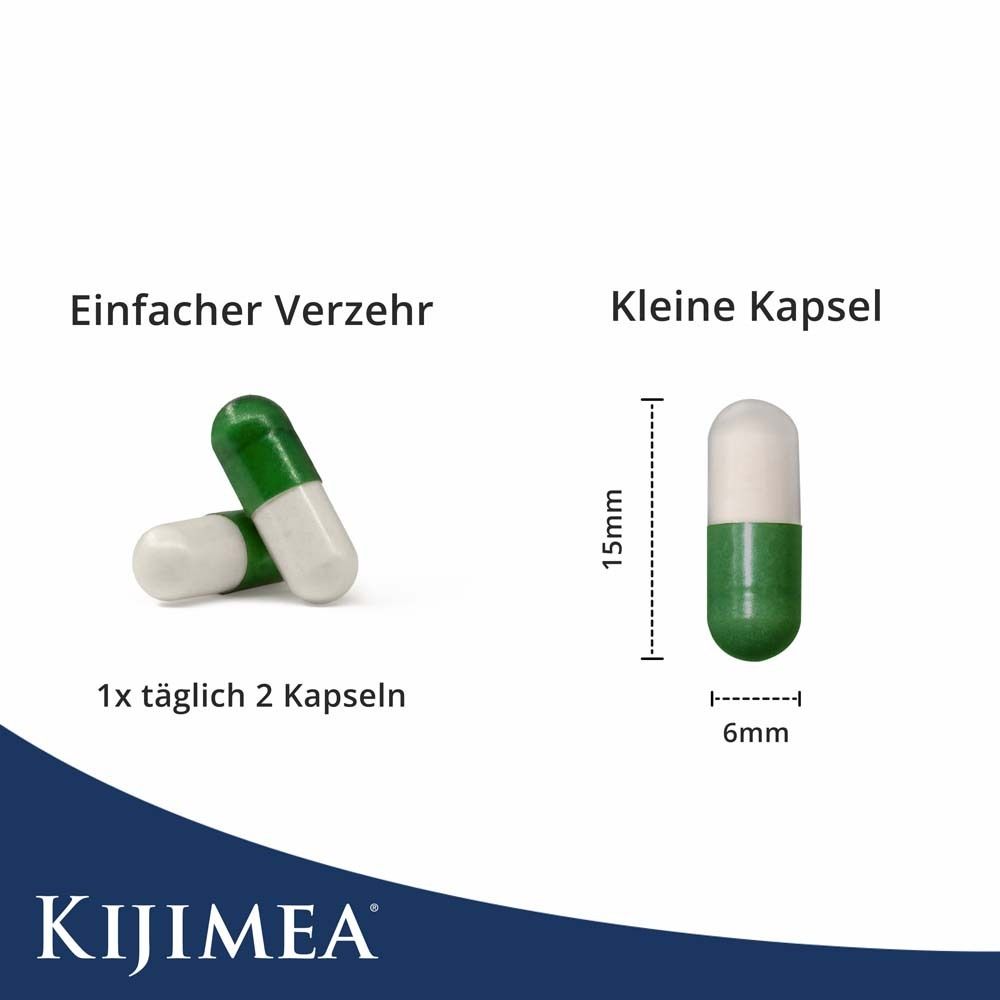 Deux gélules, une verte et blanche, l'autre verte. Dimensions : 15mm x 6mm. Texte : Consommation facile, Petite gélule.