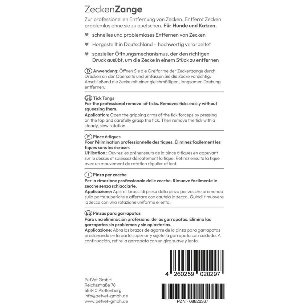 Dos de l'emballage. Texte en allemand, anglais, français, italien et espagnol. Nom du produit et fabricant.