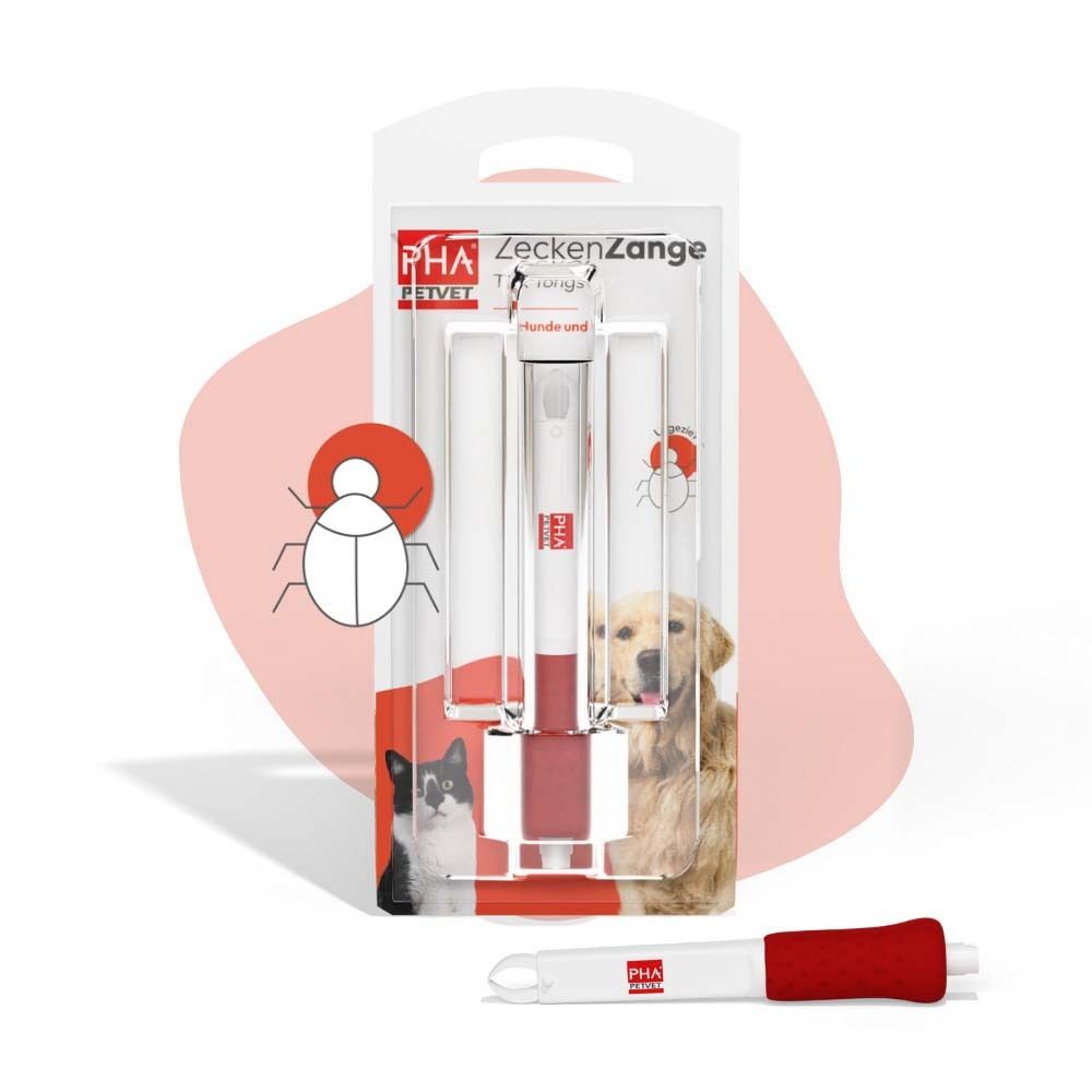 Zeckenzange und Verpackung. Produkt in Verpackung mit Hunde- und Katzenabbildung. Zeckenzange liegt daneben.