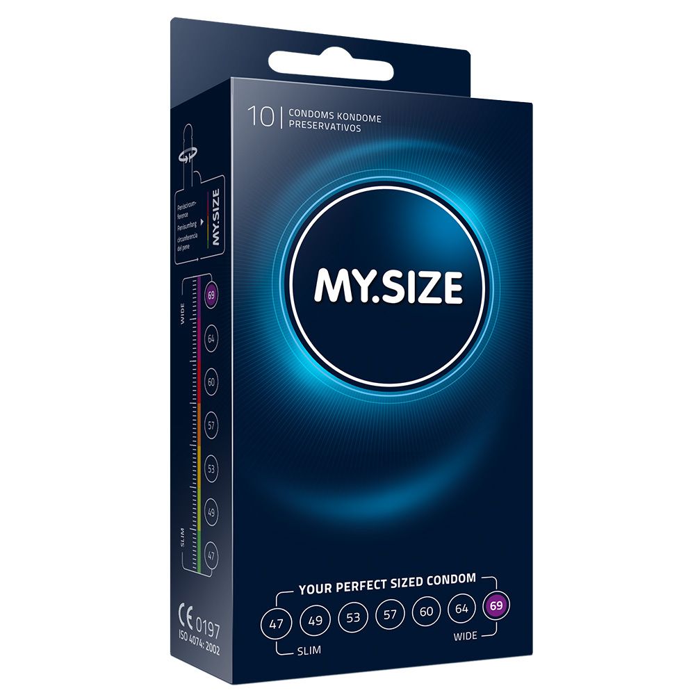 Packung mit 10 MY.SIZE 69 Kondomen, 69mm Breite.