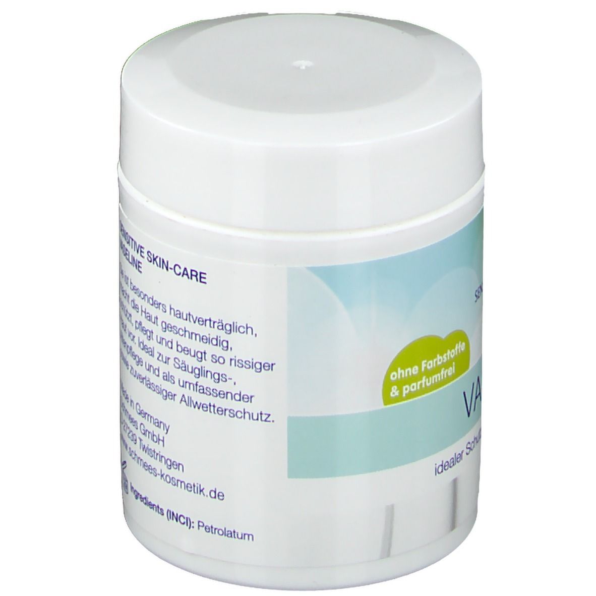 Pot blanc avec couvercle. Texte sur le côté : SENSITIVE SKIN-CARE, VASELINE. Fabriqué en Allemagne. 125 ml. Ingrédients.