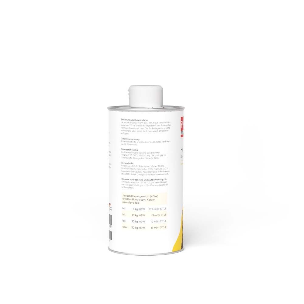 Rückseite der Flasche. Textinformationen und Dosierungsanleitung. Gelber Streifen am unteren Rand.