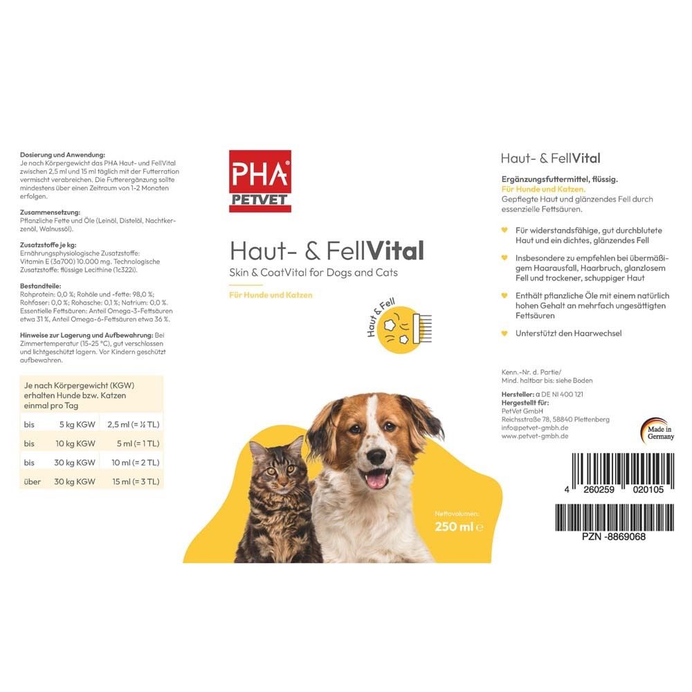 Vorderseite der Flasche. PHA PETVET Haut- & FellVital. Abbildung von Katze und Hund. Gelber Hintergrund.