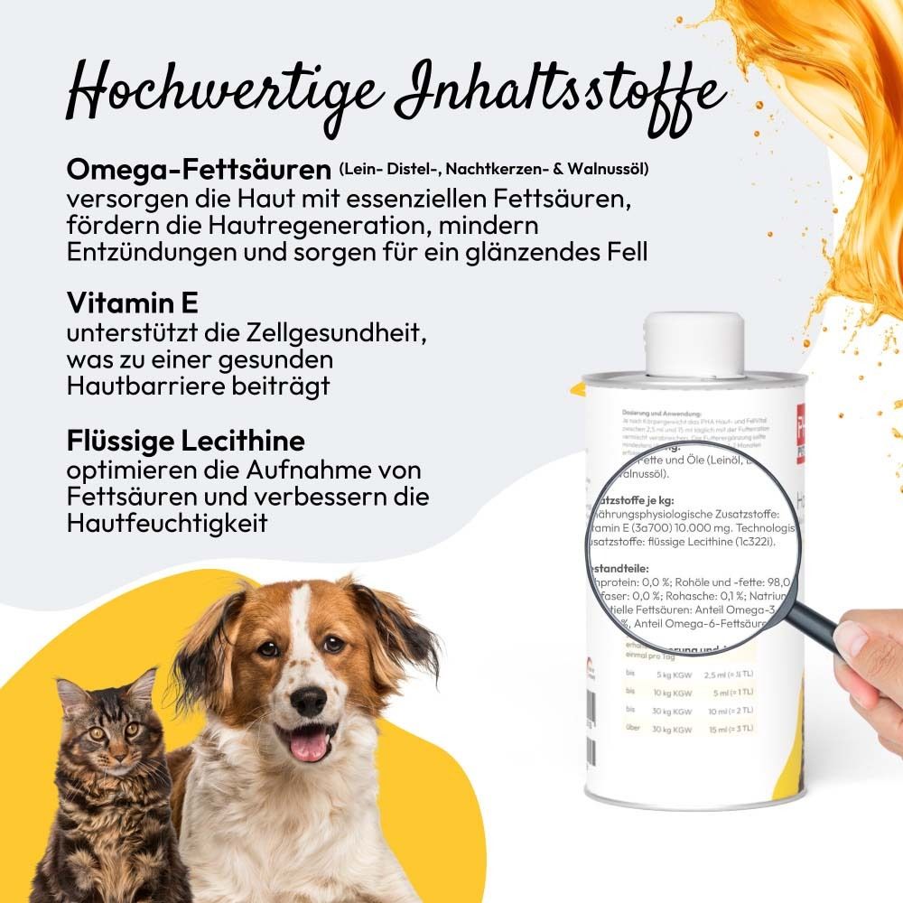 Produkt mit Hund und Katze. Text: Hochwertige Inhaltsstoffe. Lupe auf Etikett. Omega-Fettsäuren, Vitamin E.