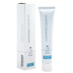 Tube et boîte blanches. Inscription GOLDNERZ COSMETIC, Hautcreme extra. Logo avec oiseau.