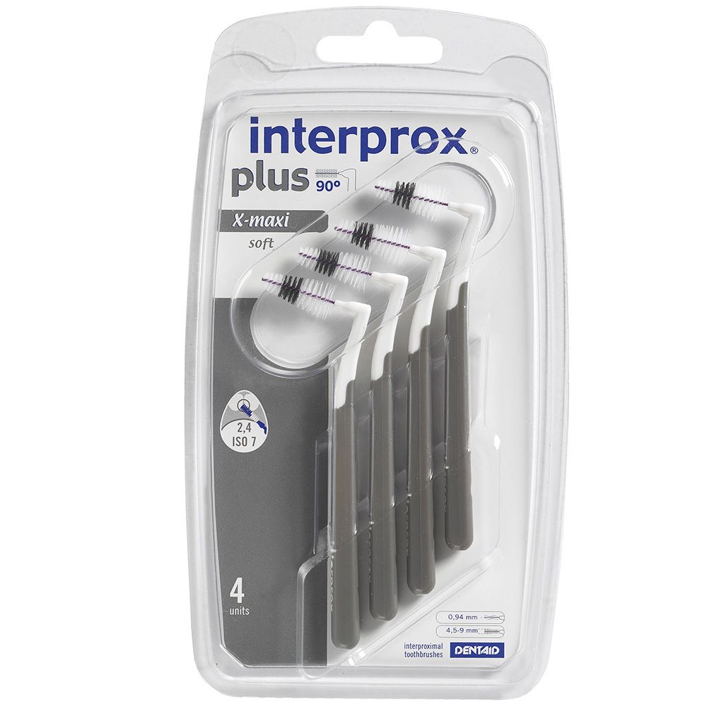 Blister contenant des brosses interdentaires. "interprox plus X-maxi" 2,4 mm. 4 pièces. Manches noirs, brins blancs.