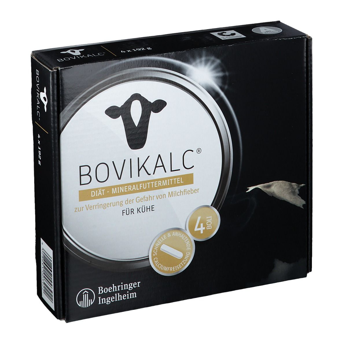 Schwarze Verpackung mit BOVIKALC-Logo und Produktbezeichnung. Enthält 4 Bolus. Boehringer Ingelheim Logo.