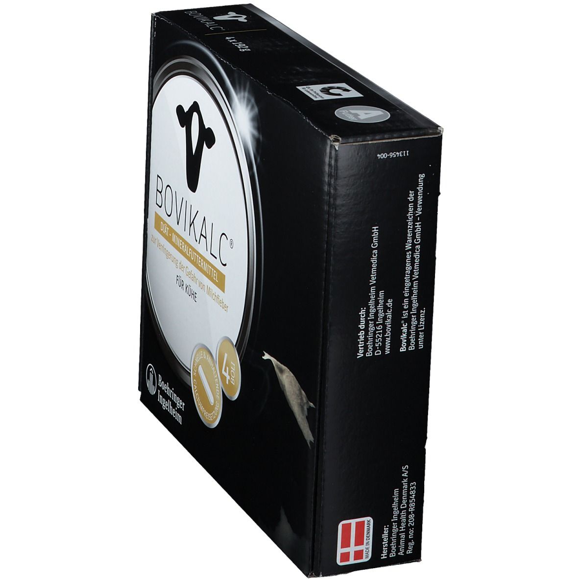 Schwarze Verpackung BOVIKALC, Seitenansicht. Enthält 4 Bolus. Logo Boehringer Ingelheim. Text in Deutsch.