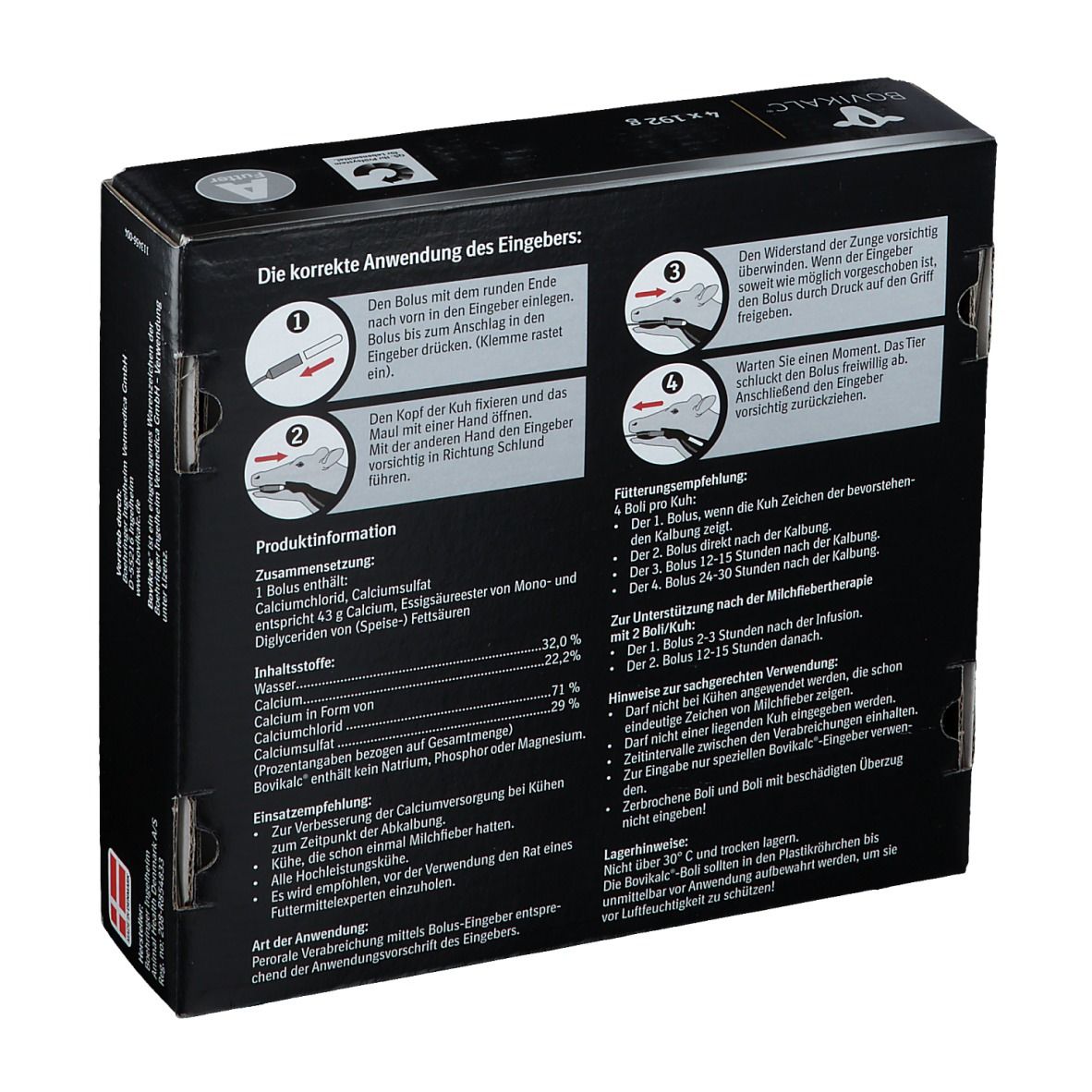 Rückseite der BOVIKALC-Verpackung mit Anweisungen zur Anwendung. Text in Deutsch. Enthält 4 Bolus.