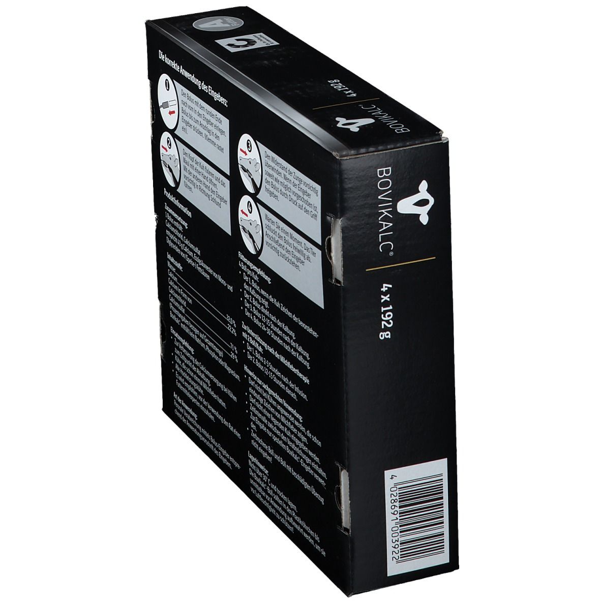 Seitenansicht der BOVIKALC-Verpackung mit Text und Barcode. Enthält 4 Bolus. Text in Deutsch.
