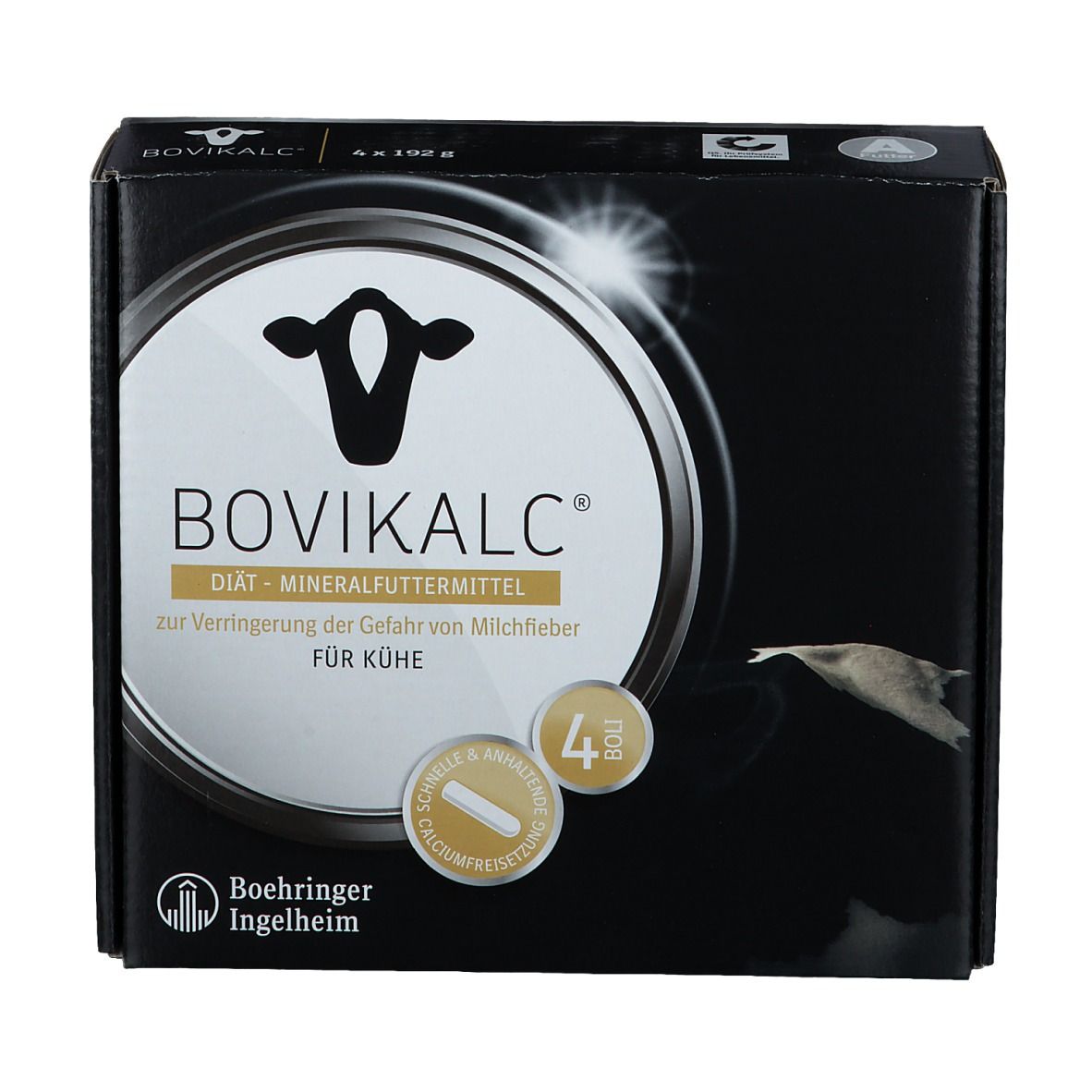 Schwarze Verpackung BOVIKALC mit Logo und Produktbezeichnung. Enthält 4 Bolus. Boehringer Ingelheim Logo.